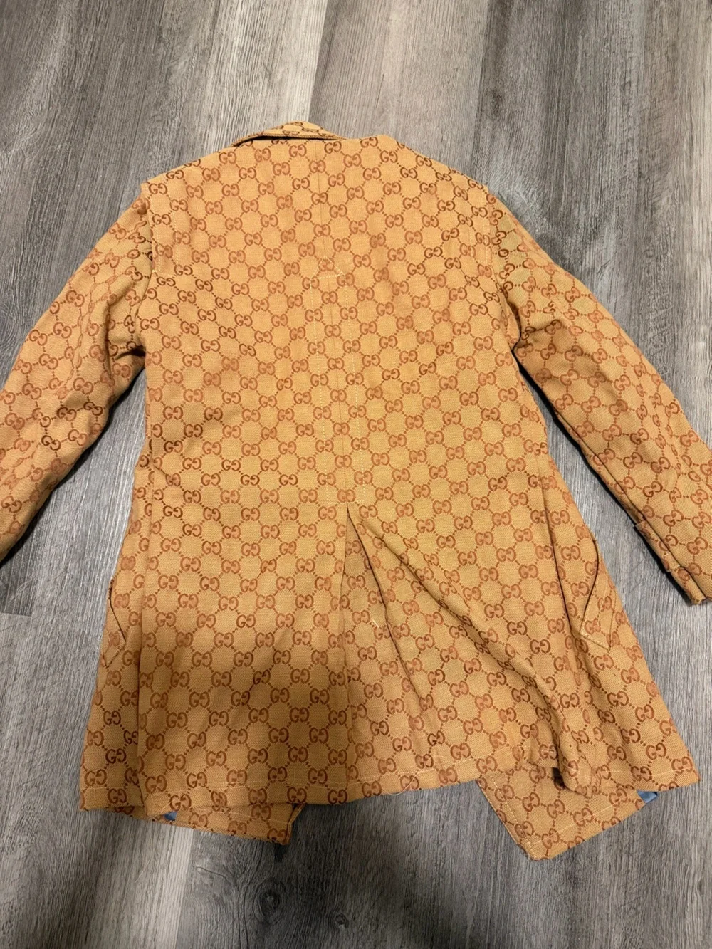 Gucci Tan Monogram Double-Breasted Pea Coat with Blue Lining